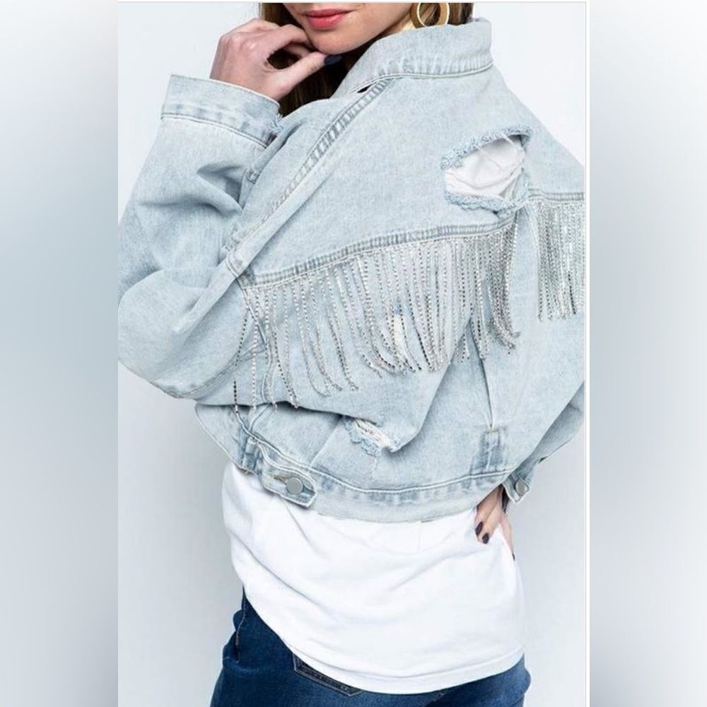 002. Rhinestone Fringe Distress Denim Jacket